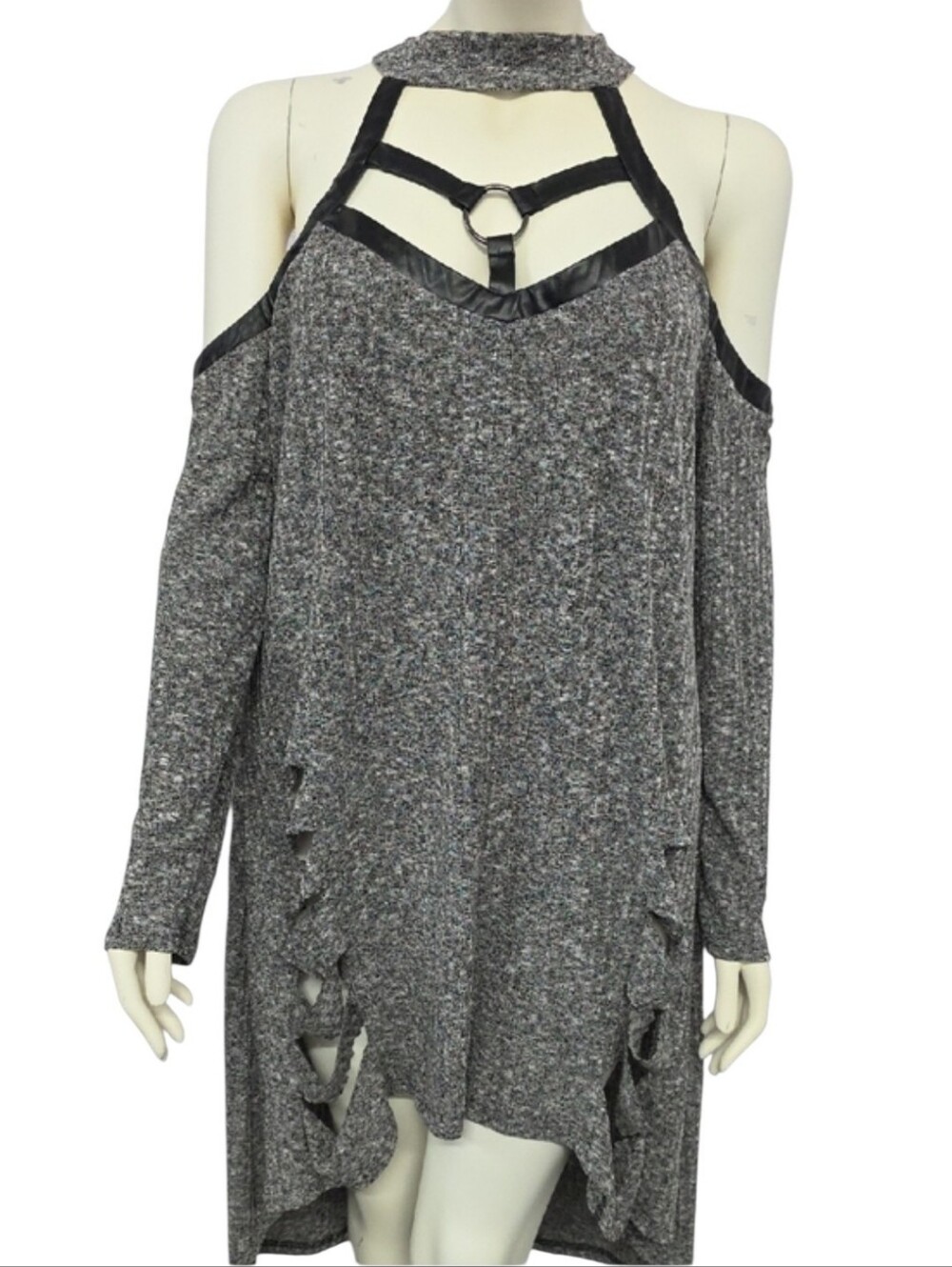 Nextmia Grey Marled Ribbed Knit Distressed Harness Tunic Dress